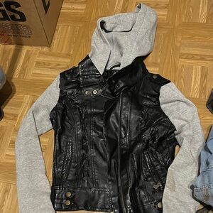 Active USA Black Leather Jacket with Gray Sleeves